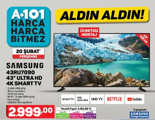 A101 SAMSUNG 43RU7090 43” ULTRA HD 4K SMART TV